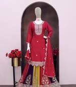 Magenta heavy chinon free size stitched suit with embroidery & sequence work