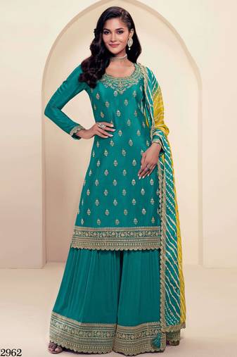 Green heavy chinon semi stitched suit with embroidery & sequence work