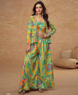 Parrot green real chinon free size stitched 3 piece suit with printed & embroidery hand  1