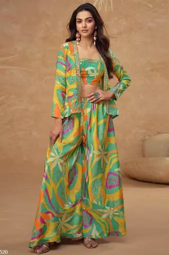 Parrot green real chinon free size stitched 3 piece suit with printed & embroidery hand work