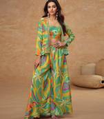 Parrot green real chinon free size stitched 3 piece suit with printed & embroidery hand work