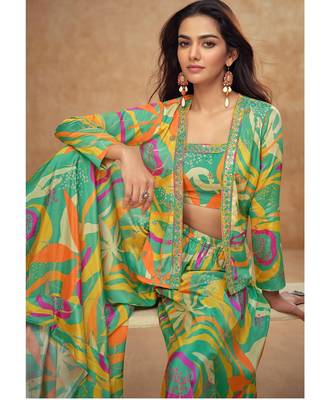 Parrot green real chinon free size stitched 3 piece suit with printed & embroidery hand  2