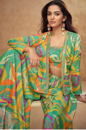 Parrot green real chinon free size stitched 3 piece suit with printed & embroidery hand 