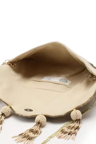 Anekaant Tassel Tales Champagne & Antique Gold Sequined Faux Silk Sling Bag