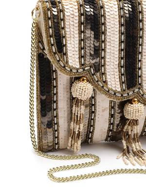  Tassel Tales Champagne & Antique Gold Sequined Faux Silk Sling Bag 7