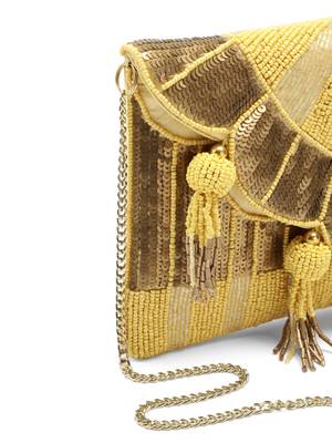 Tassel Tales Pastel Yellow & Antique Gold Sunbrust Beaded Satin Sling Bag 7