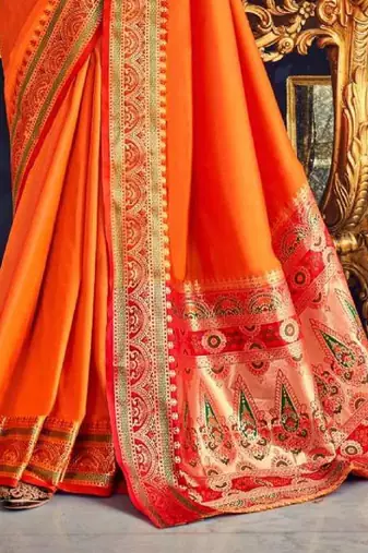 Women's orange soft silk blend woven saree with unstitched silk blend blouse piece