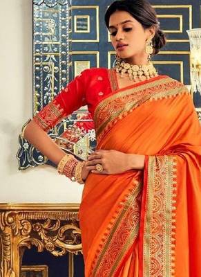 Women's orange soft silk blend woven saree with unstitched silk blend blouse piece 3