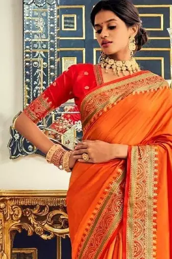 Women's orange soft silk blend woven saree with unstitched silk blend blouse piece