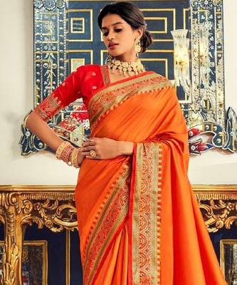 Women's orange soft silk blend woven saree with unstitched silk blend blouse piece 4