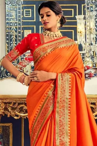 Women's orange soft silk blend woven saree with unstitched silk blend blouse piece