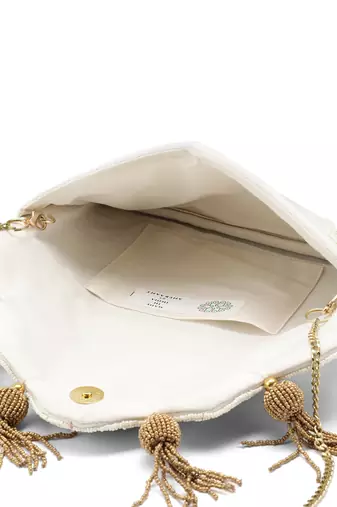 Tassel Tales Ivory & Metallic Gold Floral Beadwork Canvas Sling Bag
