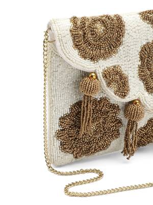 Tassel Tales Ivory & Metallic Gold Floral Beadwork Canvas Sling Bag 7