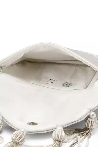 Tassel Tales Ivory & Antique Silver Ethnic Embellished Satin Sling Bag