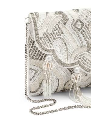 Tassel Tales Ivory & Antique Silver Ethnic Embellished Satin Sling Bag 7