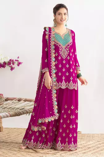 Magenta  embroidery & sequins work chinnon silk straight palazzo  - free size stitching (size upto 42")