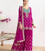 Magenta  embroidery & sequins work chinnon silk straight palazzo  - free size stitching (size upto 42")