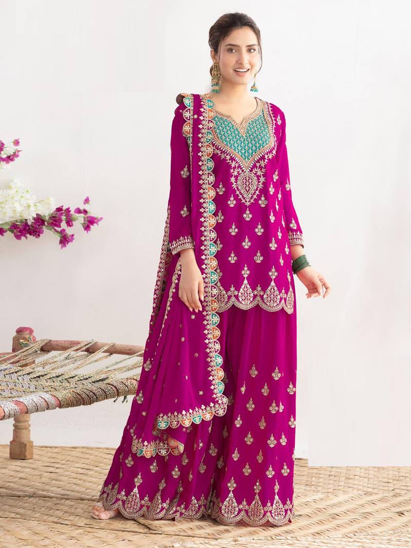 Magenta  embroidery & sequins work chinnon silk straight palazzo  - free size stitching (size upto 42")