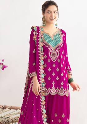 Magenta  embroidery & sequins work chinnon silk straight palazzo  - free size stitching (size upto 42") 2