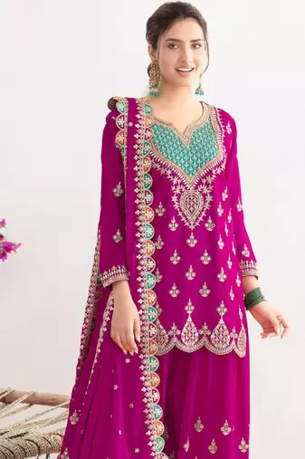 Magenta  embroidery & sequins work chinnon silk straight palazzo  - free size stitching (size upto 42")