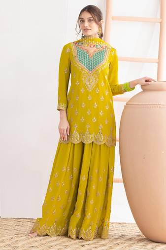 Yellow embroidery & sequins work chinnon silk straight palazzo  - free size stitching (size upto 42")