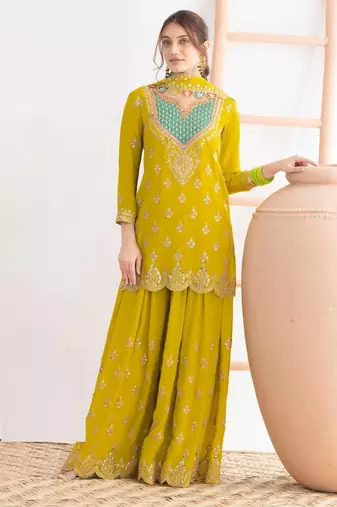 Yellow embroidery & sequins work chinnon silk straight palazzo  - free size stitching (size upto 42")