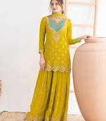 Yellow embroidery & sequins work chinnon silk straight palazzo  - free size stitching (size upto 42")
