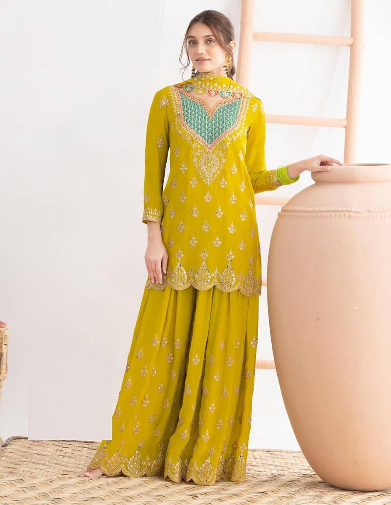 Yellow embroidery & sequins work chinnon silk straight palazzo  - free size stitching (size upto 42")