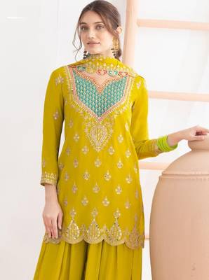 Yellow embroidery & sequins work chinnon silk straight palazzo  - free size stitching (size upto 42") 2