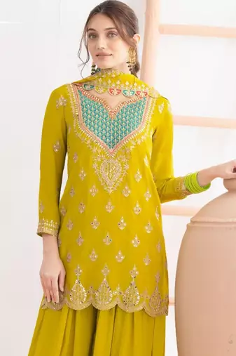 Yellow embroidery & sequins work chinnon silk straight palazzo  - free size stitching (size upto 42")