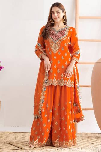 Orange embroidery & sequins work chinnon silk straight palazzo  - free size stitching (size upto 42")
