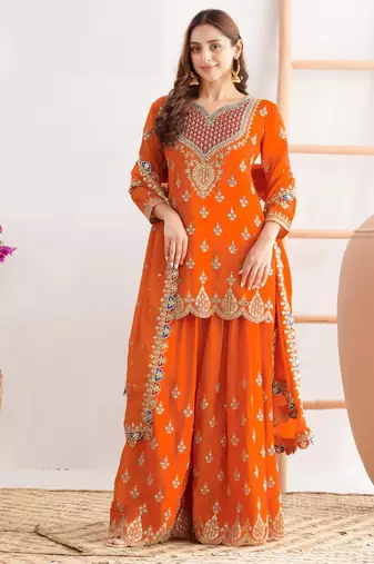 Orange embroidery & sequins work chinnon silk straight palazzo  - free size stitching (size upto 42")