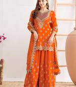 Orange embroidery & sequins work chinnon silk straight palazzo  - free size stitching (size upto 42")