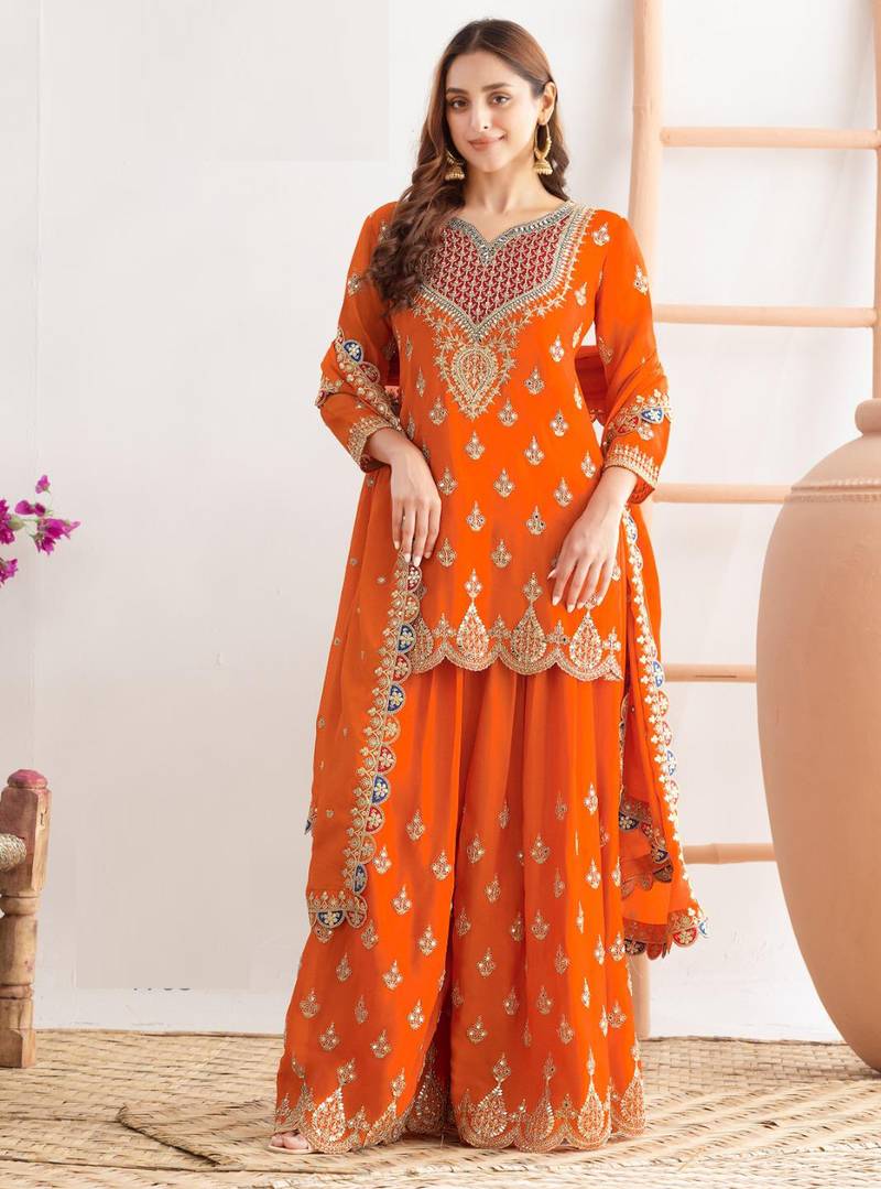 Orange embroidery & sequins work chinnon silk straight palazzo  - free size stitching (size upto 42")
