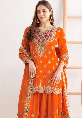 Orange embroidery & sequins work chinnon silk straight palazzo  - free size stitching (size upto 42") 2