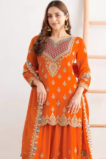 Orange embroidery & sequins work chinnon silk straight palazzo  - free size stitching (size upto 42")
