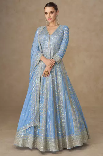 Blue zari emboidery and sequince work chinnon silk anarkali   - free size stitching (size upto 42")