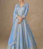 Blue zari emboidery and sequince work chinnon silk anarkali   - free size stitching (size upto 42")