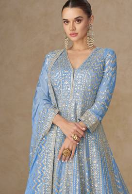 Blue zari emboidery and sequince work chinnon silk anarkali   - free size stitching (size upto 42") 2