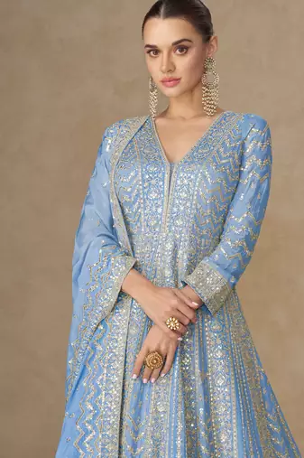 Blue zari emboidery and sequince work chinnon silk anarkali   - free size stitching (size upto 42")