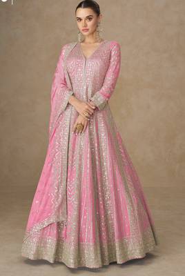 Pink zari emboidery and sequince work chinnon silk anarkali   - free size stitching (size upto 42") 1