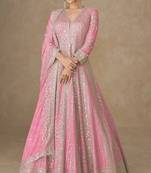 Pink zari emboidery and sequince work chinnon silk anarkali   - free size stitching (size upto 42")
