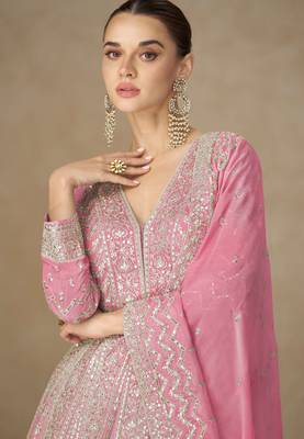 Pink zari emboidery and sequince work chinnon silk anarkali   - free size stitching (size upto 42") 2