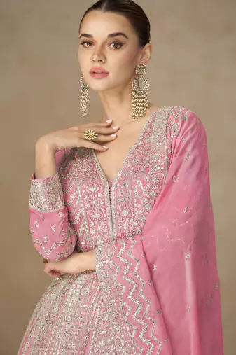 Pink zari emboidery and sequince work chinnon silk anarkali   - free size stitching (size upto 42")