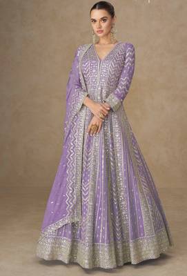 Lavendar zari emboidery and sequince work chinnon silk anarkali   - free size stitching (size upto 42") 1