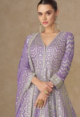 Lavendar zari emboidery and sequince work chinnon silk anarkali   - free size stitching (size upto 42") 2