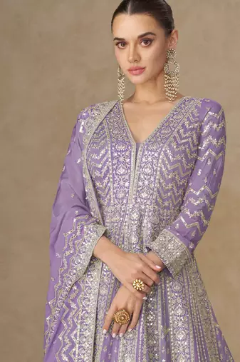 Lavendar zari emboidery and sequince work chinnon silk anarkali   - free size stitching (size upto 42")
