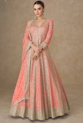 Peach zari emboidery and sequince work chinnon silk anarkali - free size stitching (size upto 42") 1