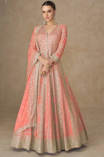 Peach zari emboidery and sequince work chinnon silk anarkali  - free size stitching (size upto 42")