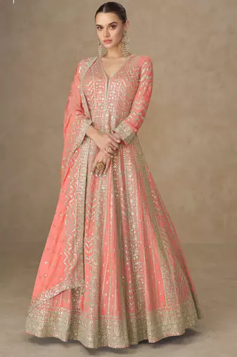 Peach zari emboidery and sequince work chinnon silk anarkali  - free size stitching (size upto 42")